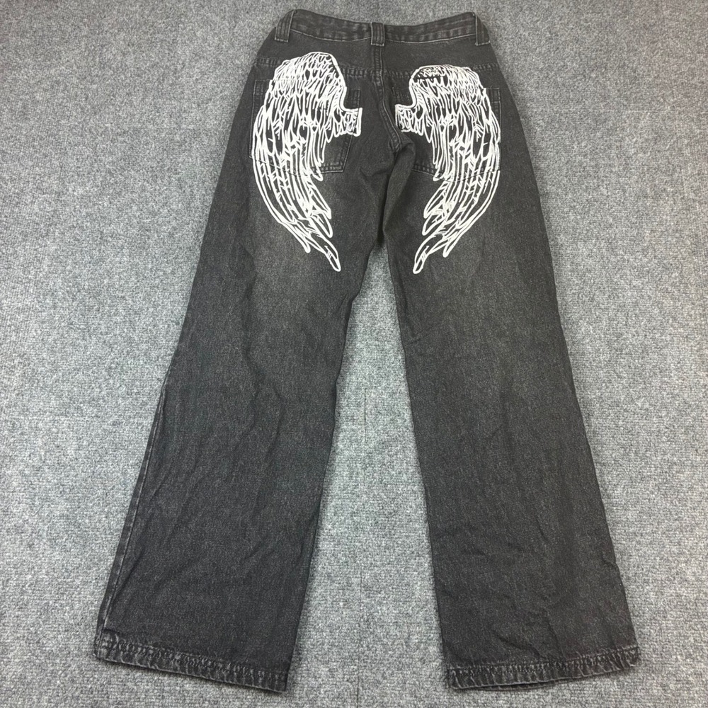 Disclosure Mens Faded Black Angel Wing Graphic Wide Leg Jeans Size 00/23
